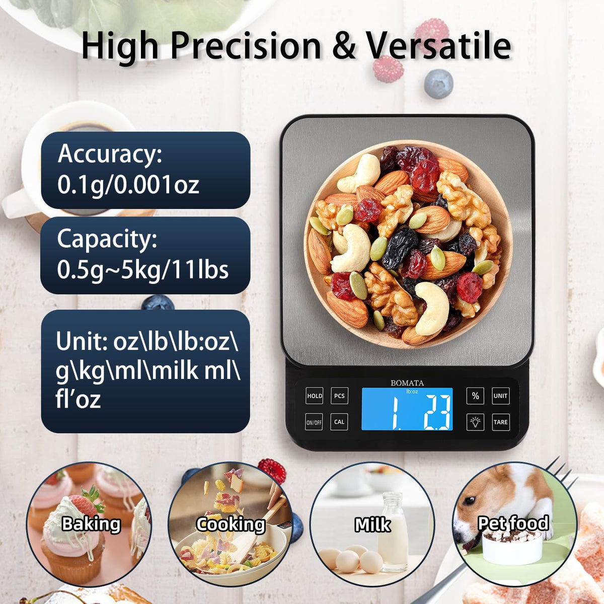 BOMATA scale offers 0.1g precision for exact ingredient measurements.