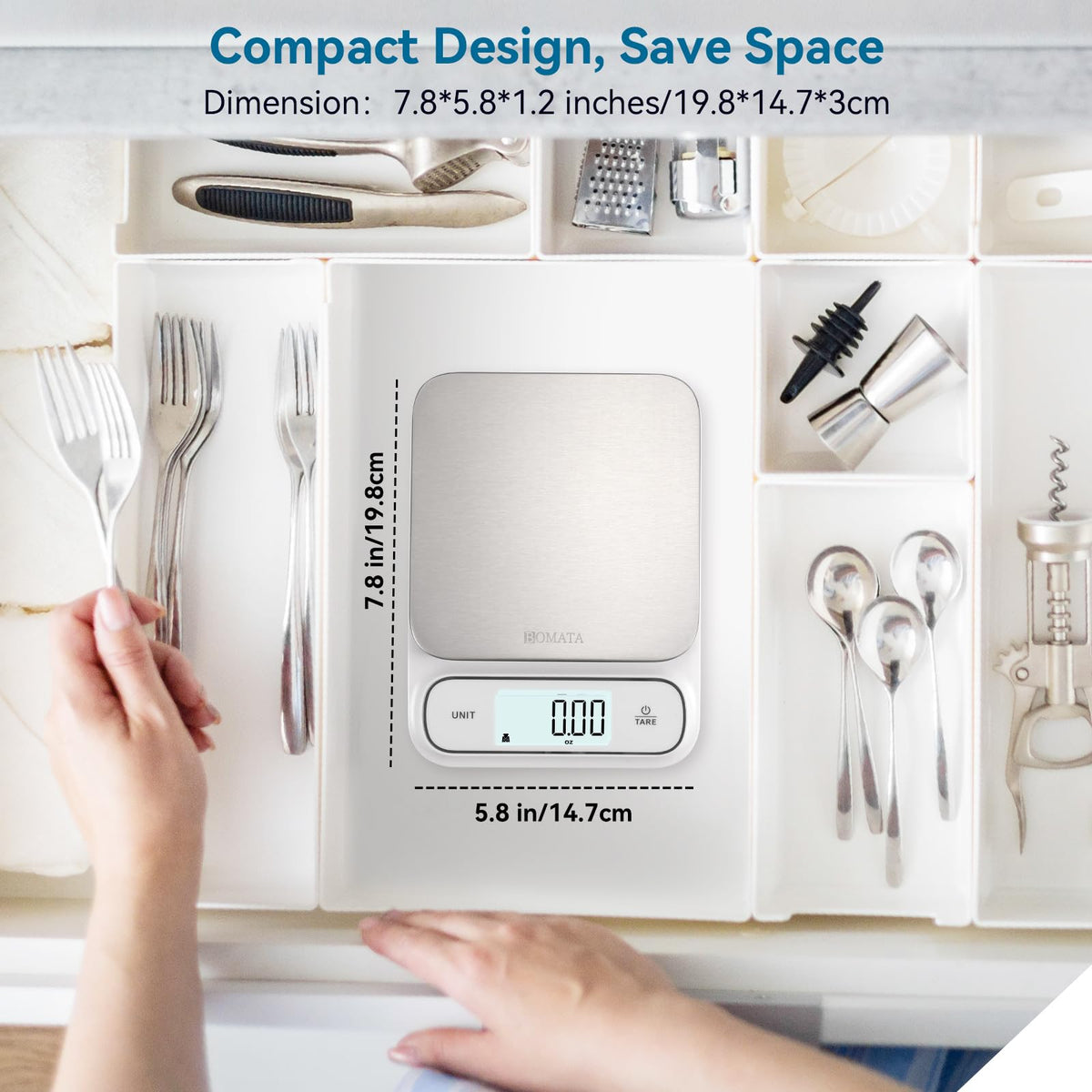 BOMATA tare function and auto off simplify meal prep