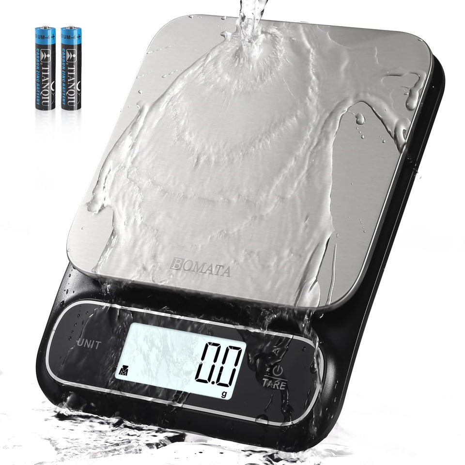 BOMATA IPX6 waterproof scale with pan for safe, rinse-friendly cleaning.