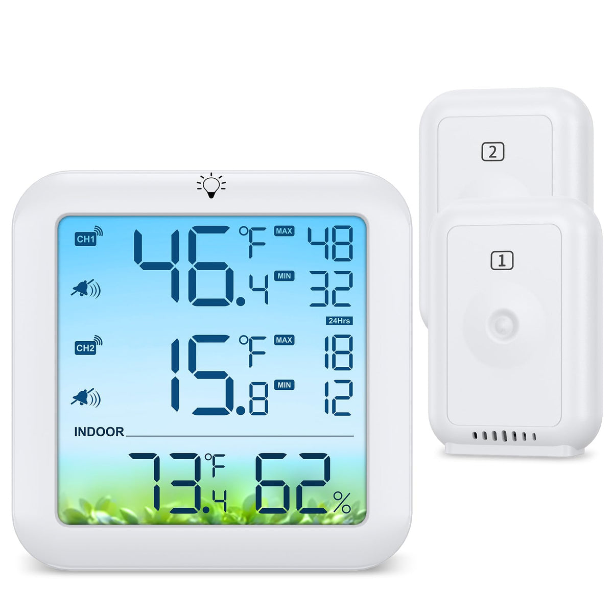Bomivoi wireless fridge thermometer with magnetic back shows current temperature.