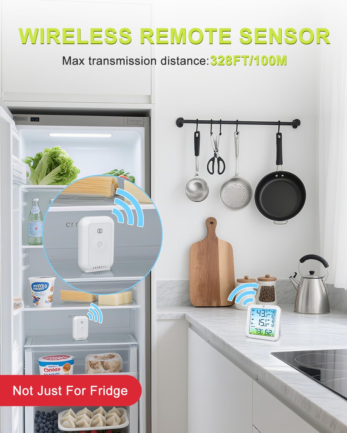 Bomivoi displays temperature and humidity for kitchen monitoring.