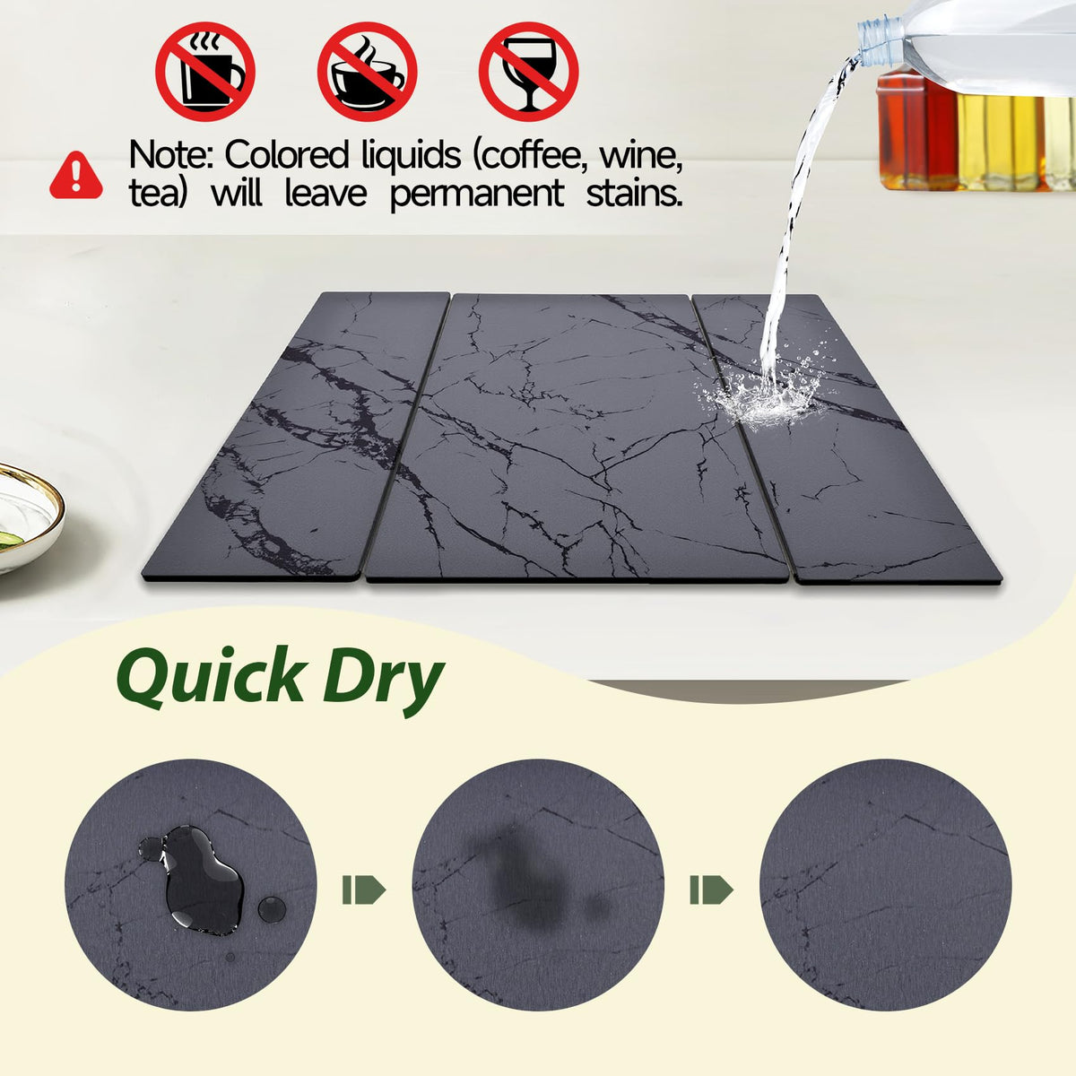 BOMOKS drying mat in use with bottles, cups, and dishes drying efficiently