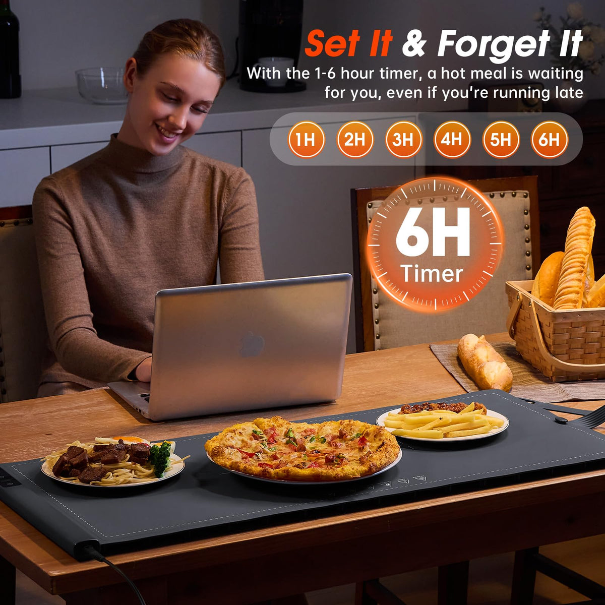 BOMOVA warming mat includes a 6-hour timer for planned serving during gatherings