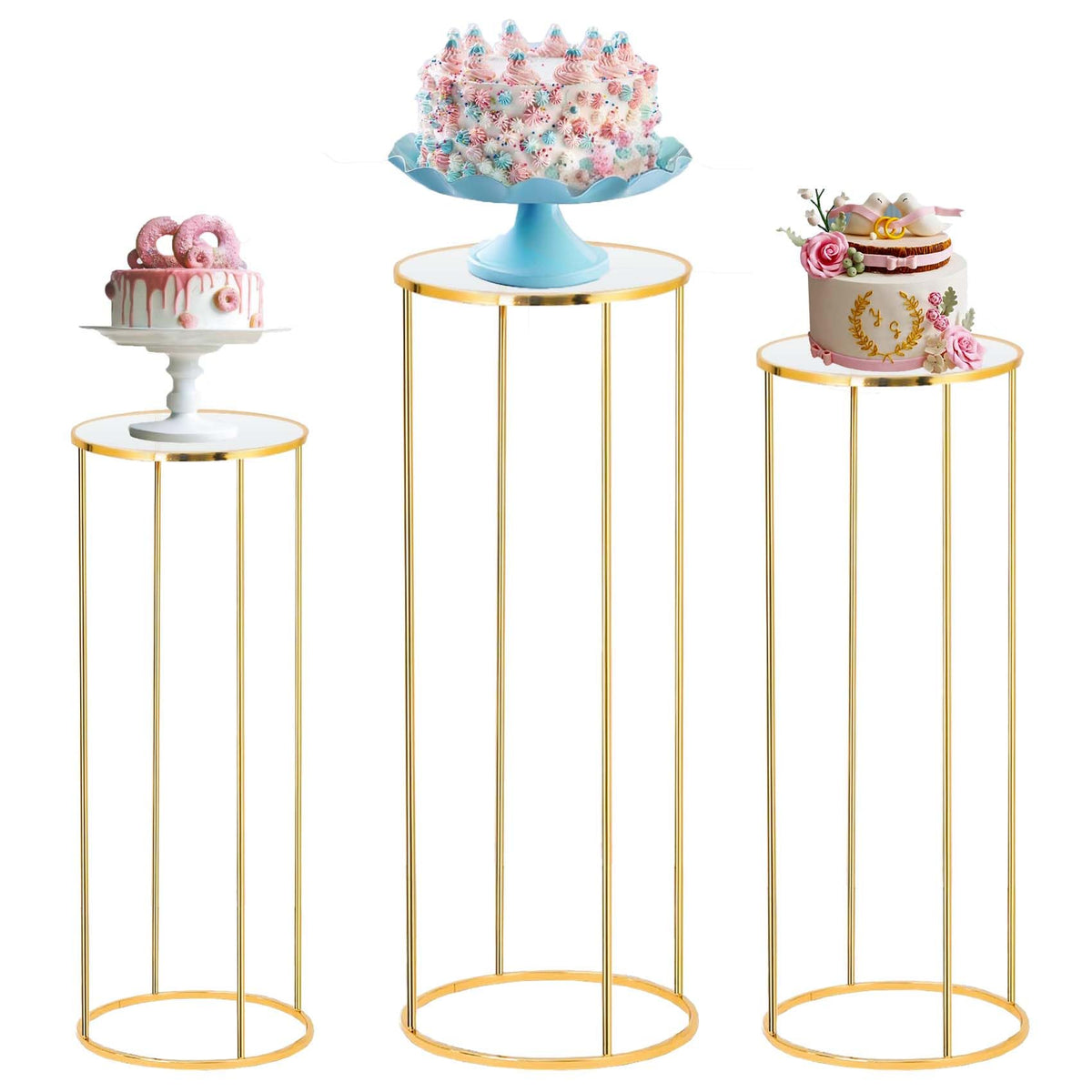 Bonastella cylinder stand party round 3pc set provides sturdy support for elevated cake displays.