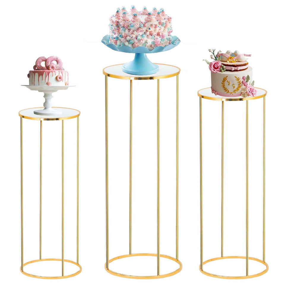 Bonastella cylinder stand party round 3pc set provides sturdy support for elevated cake displays.