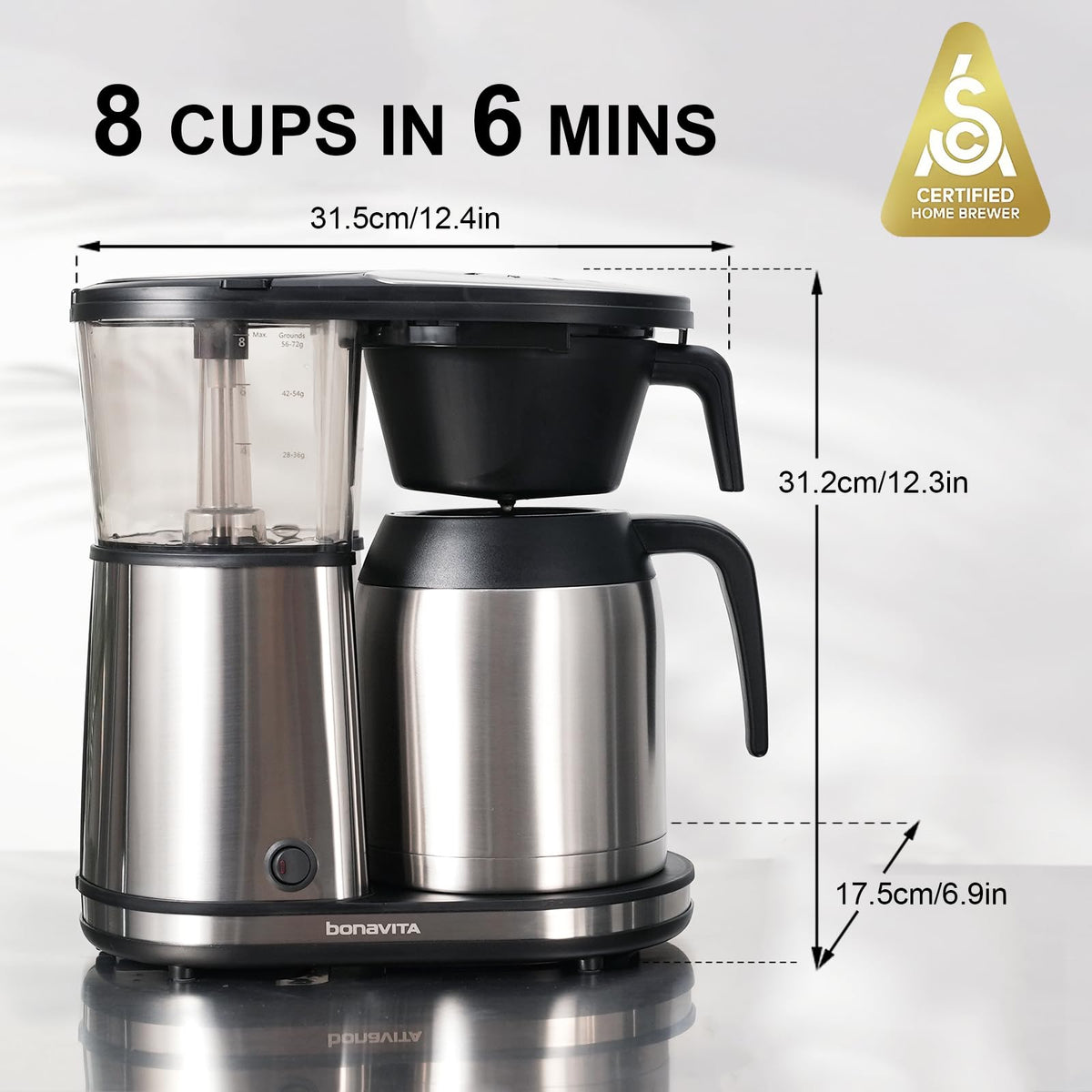 Bonavita BV1901TS stainless steel thermal carafe keeps coffee hot.