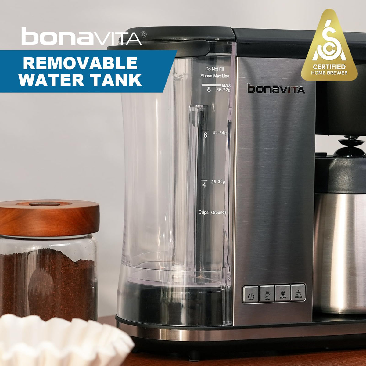 Bonavita Enthusiast control panel shows one-touch brewing convenience.