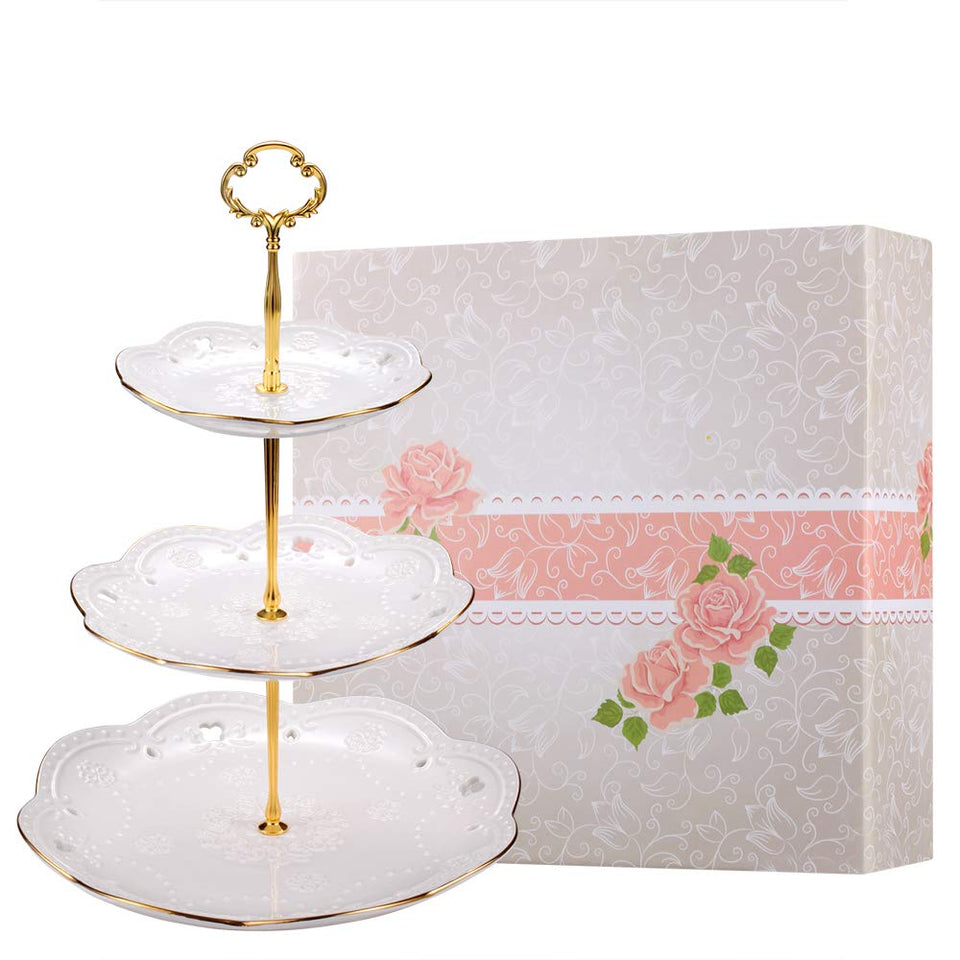 BonNoces 3-tier porcelain embossed cupcake stand for elegant dessert display.