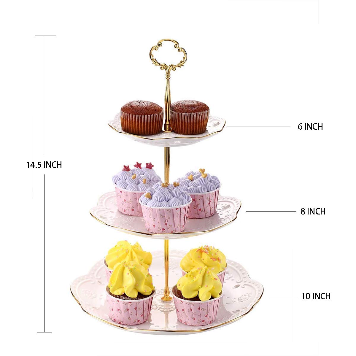 BonNoces pure white rimmed with gold dessert stand highlighting cakes and pastries.