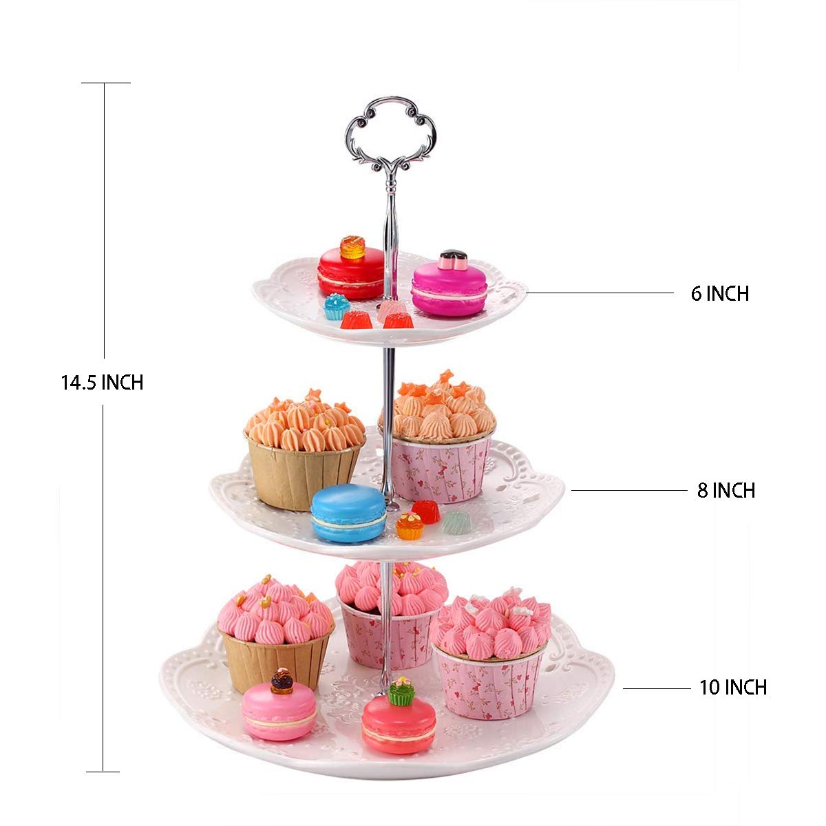BonNoces three-tier porcelain cupcake stand side view; space-saving dessert display for parties.