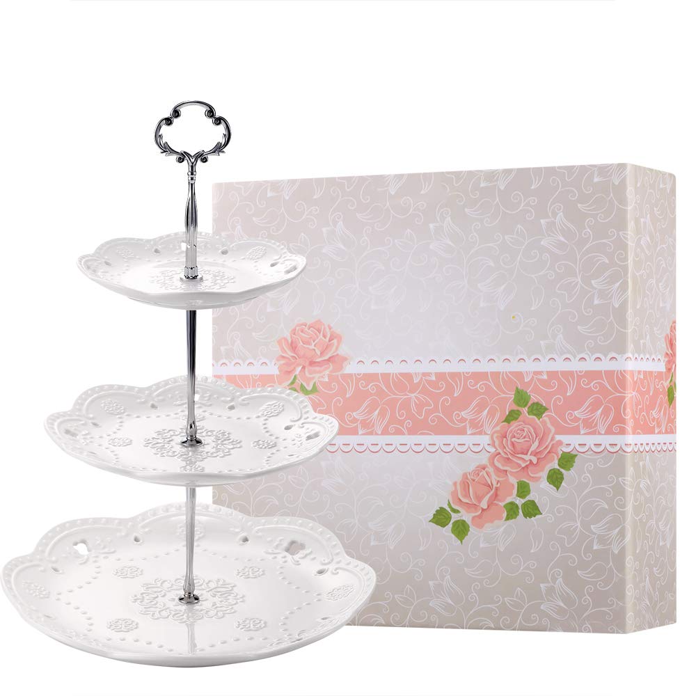 BonNoces three-tier porcelain cupcake stand top view; ideal for showcasing desserts at gatherings.