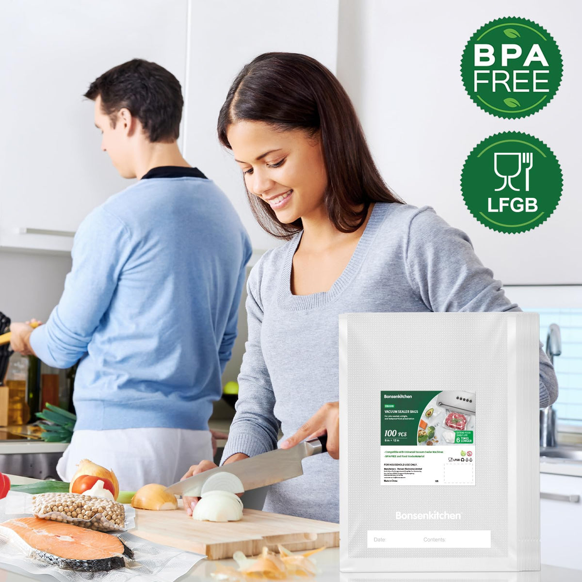 Bonsenkitchen 8x12 bag shown with a vacuum sealer, compatible with major brands.