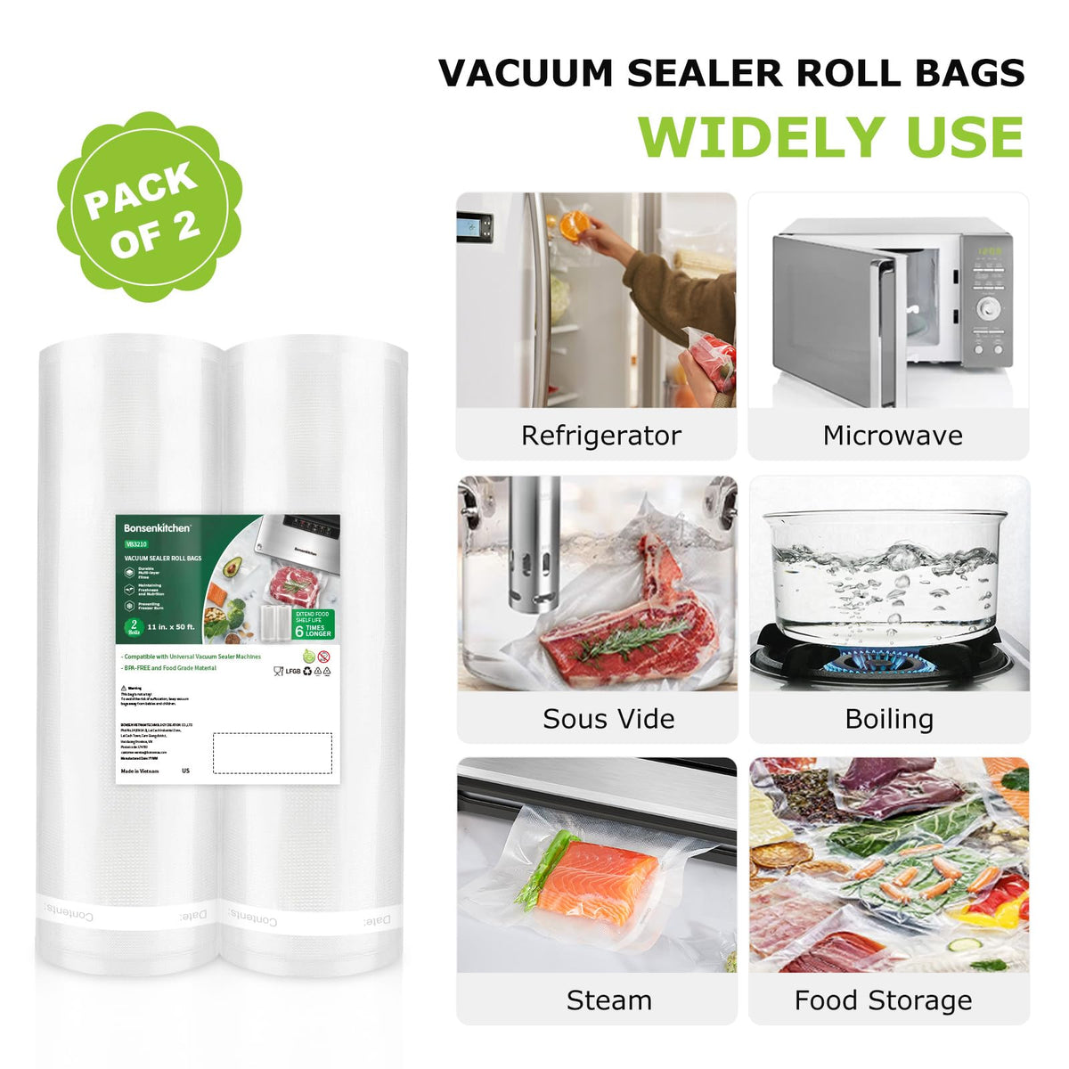 Bonsenkitchen BPA-free food-grade bags ensure safer food storage.