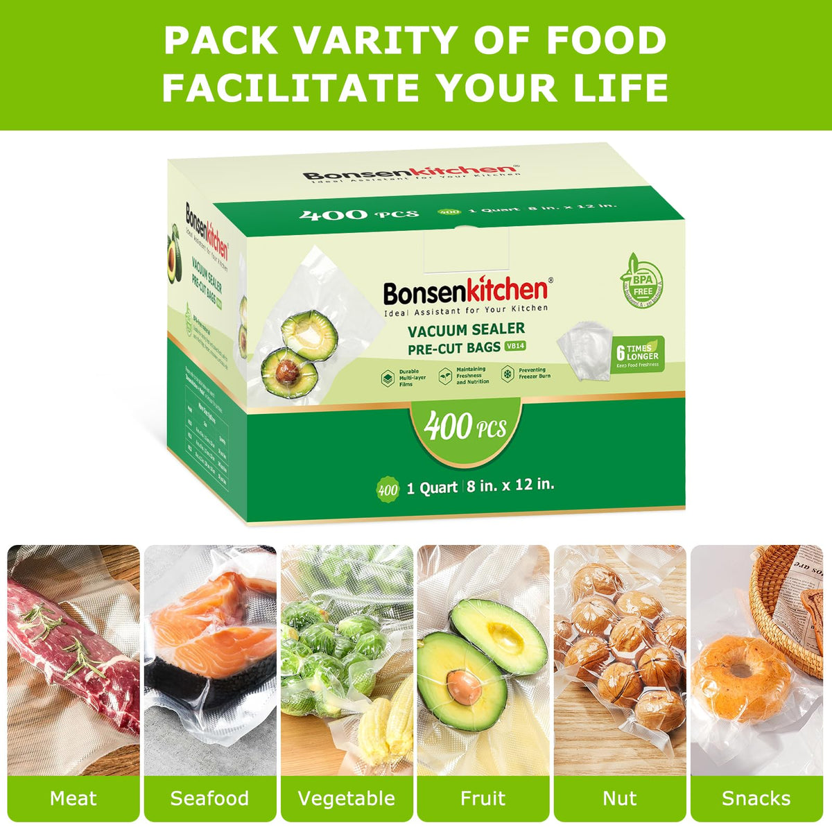 Bonsenkitchen BPA-free bags highlight compatibility with most sealers