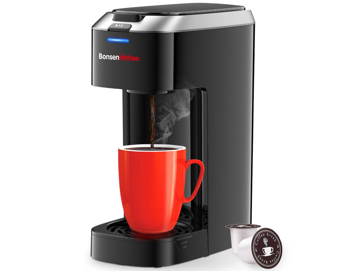 Bonsenkitchen front view of the silver single-serve coffee maker for compact kitchens.