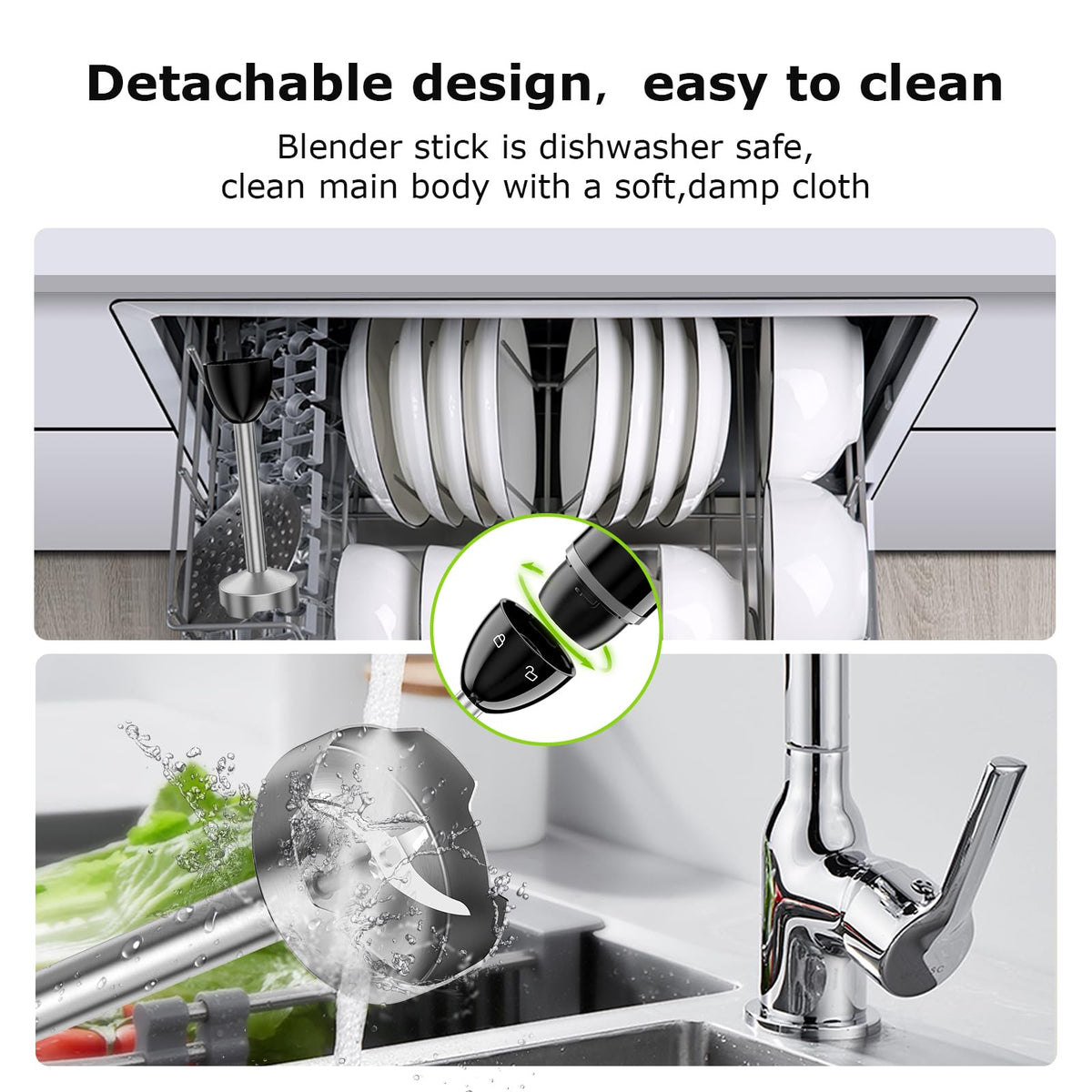 Bonsenkitchen hand blender enables quick blends for soups and smoothies.