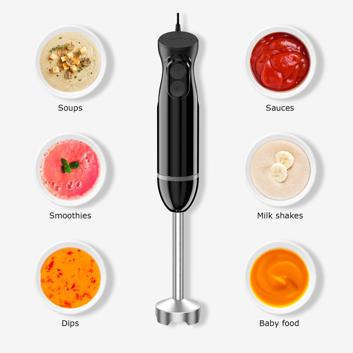 Bonsenkitchen immersion blender with stainless-steel-blades for smooth purees.