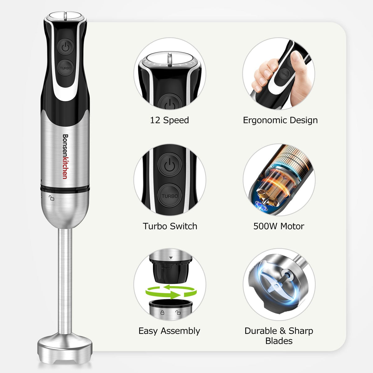 Bonsenkitchen immersion blender with 24oz beaker for quick smoothies.
