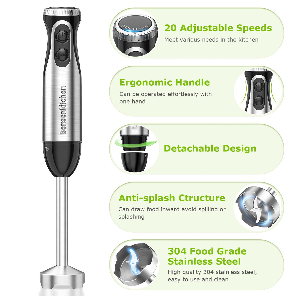 Bonsenkitchen immersion blender turbo boost for quick ice crushing