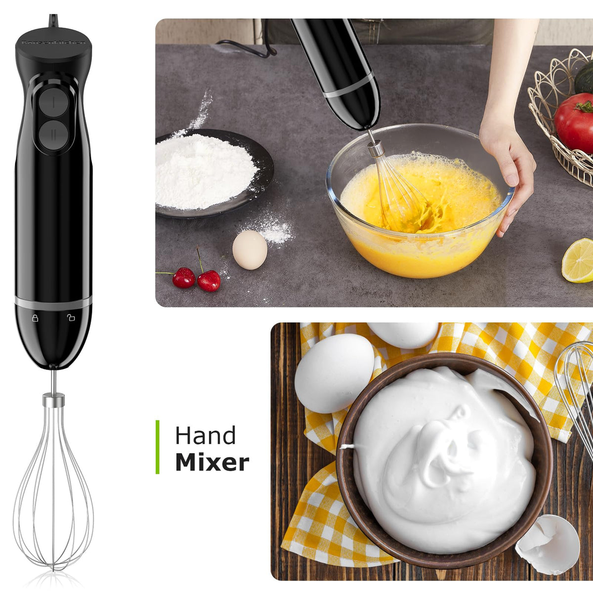Bonsenkitchen whisk attachment enables quick emulsions and light mixing.