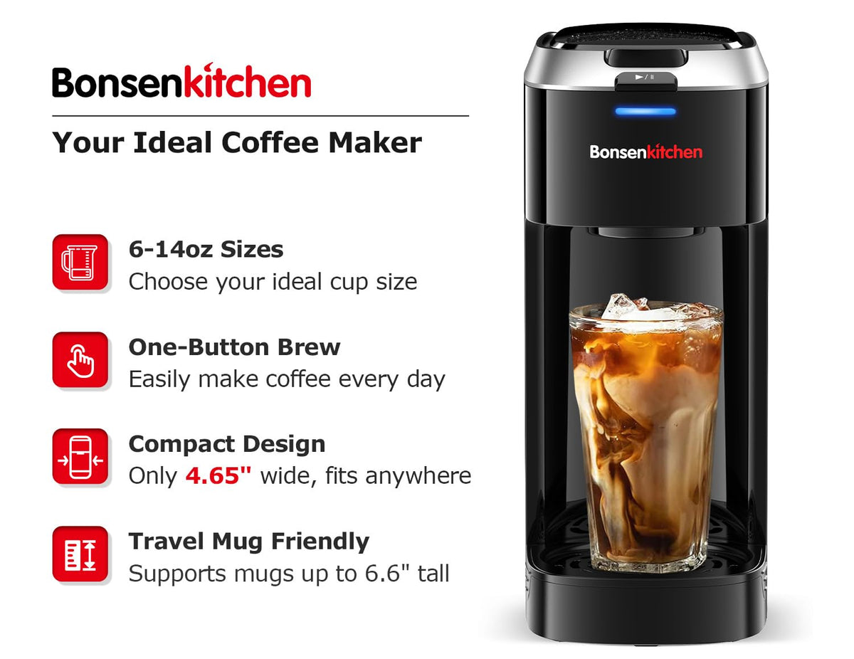 Bonsenkitchen K-Cup pod insertion demonstrating simple one-touch brewing.