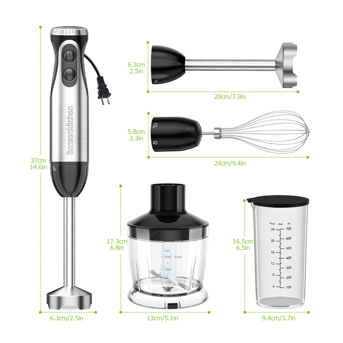 Bonsenkitchen measuring beaker and chopper bowl included for versatile prep.