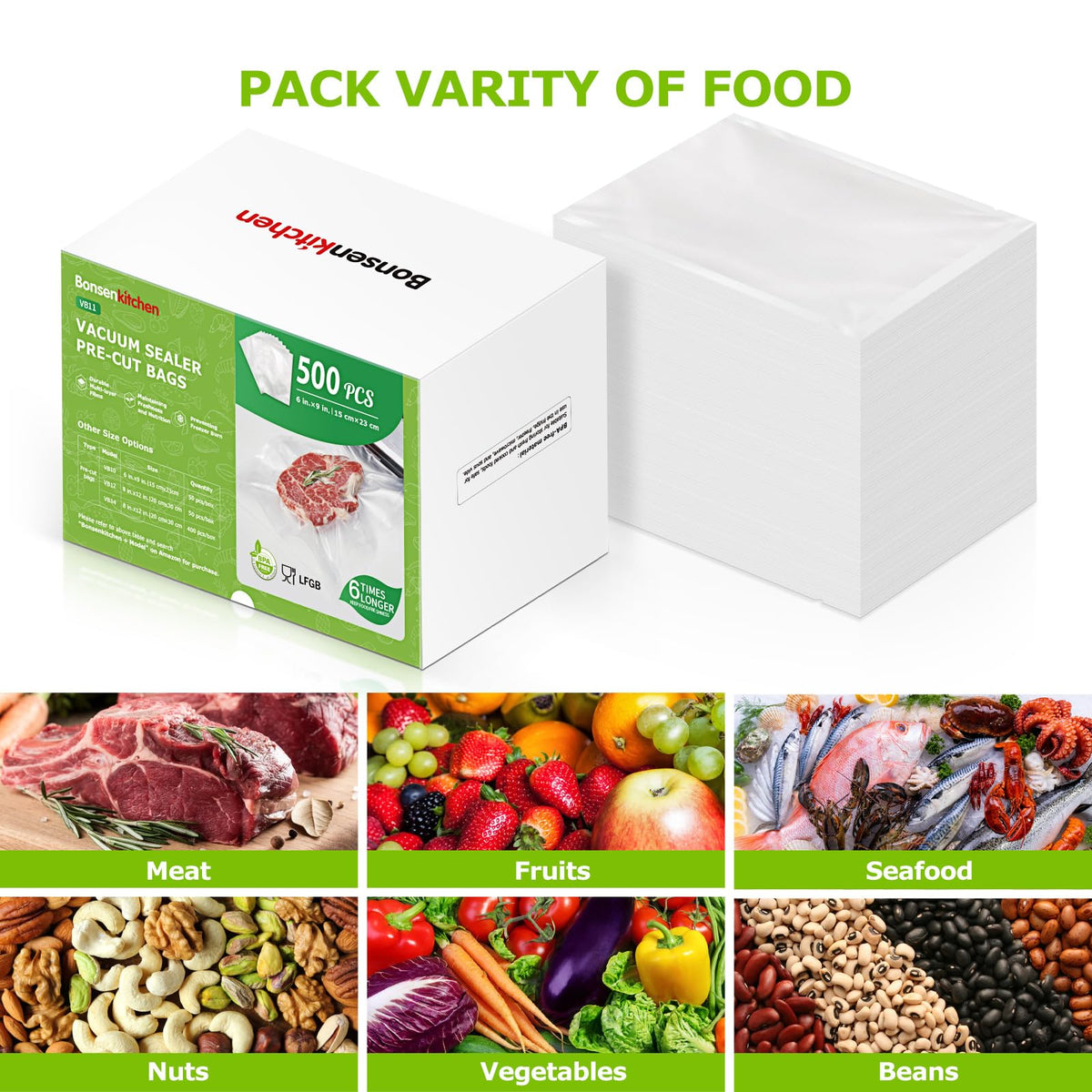 Bonsenkitchen precut bag 6x9 in freezer prevents freezer burn