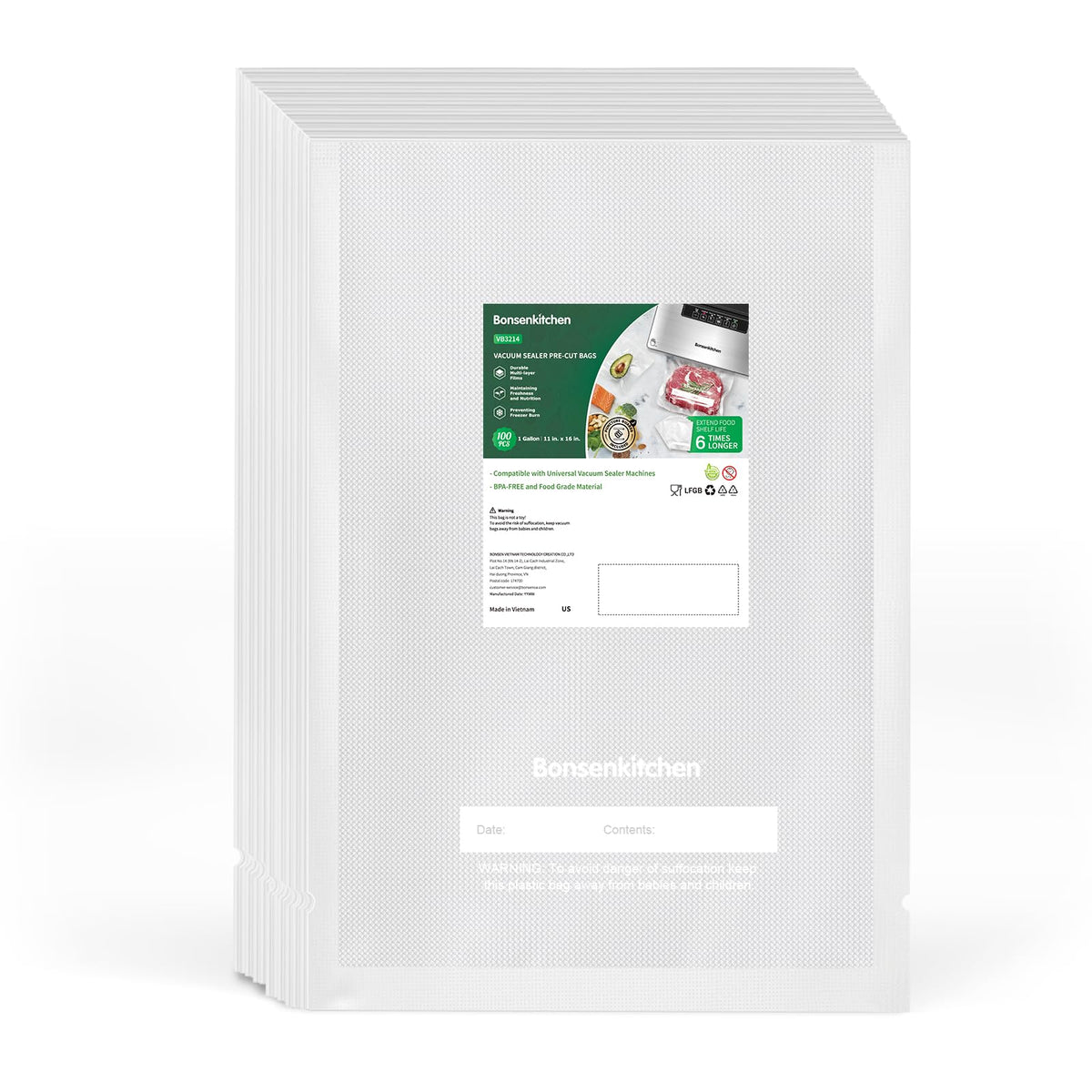 Bonsenkitchen precuts 11x16 vacuum bags for bulk storage and meal prep.