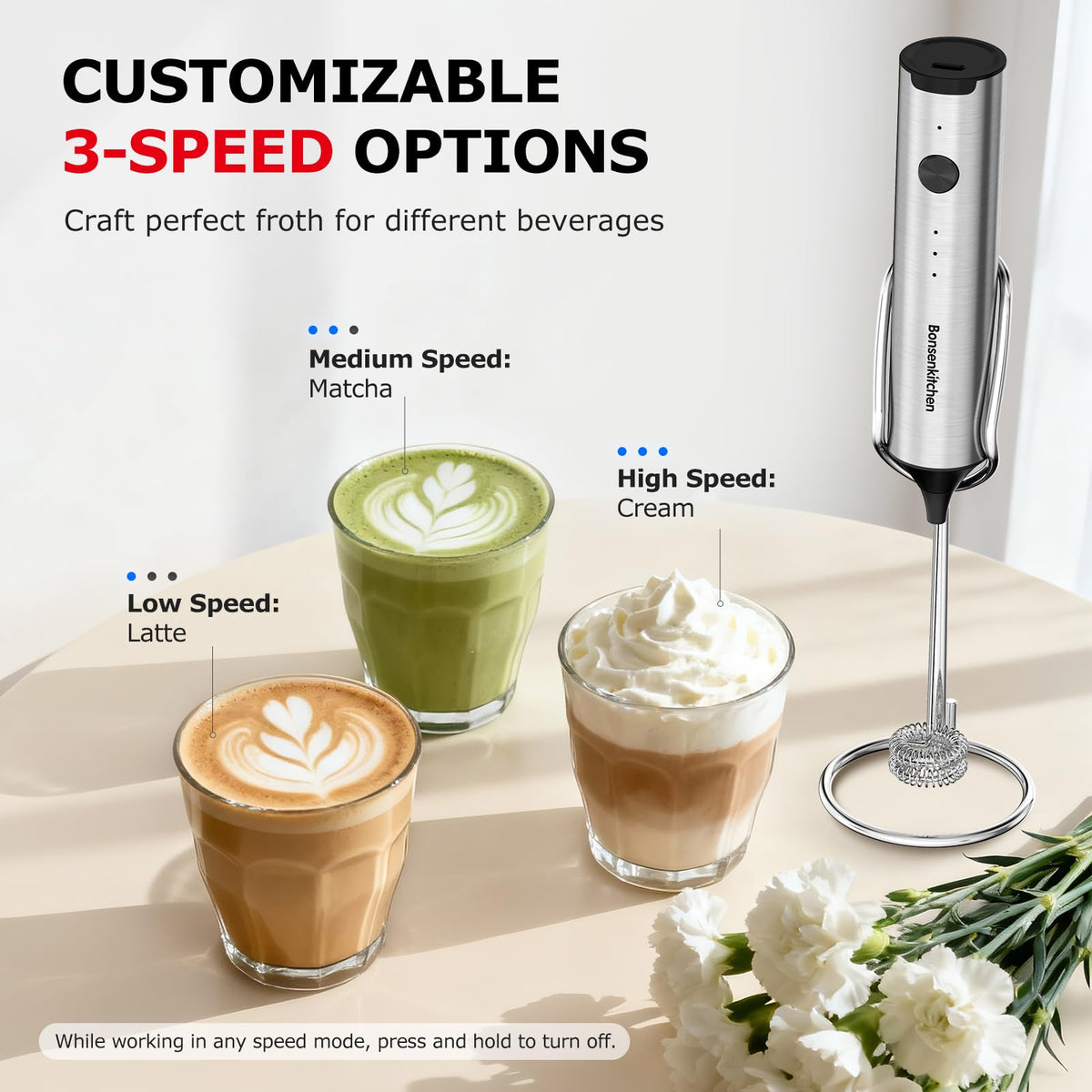 Bonsenkitchen handheld frother whisk spinning to froth latte foam