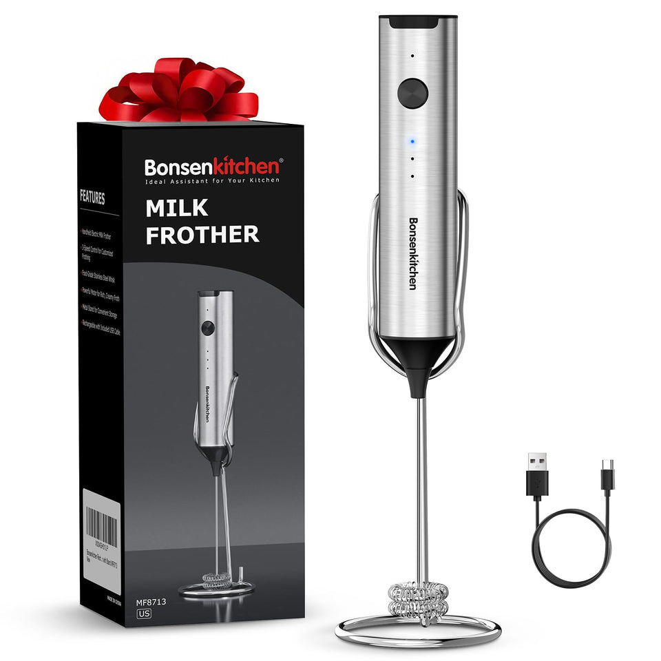 Bonsenkitchen rechargeable milk frother with stand creates velvety microfoam