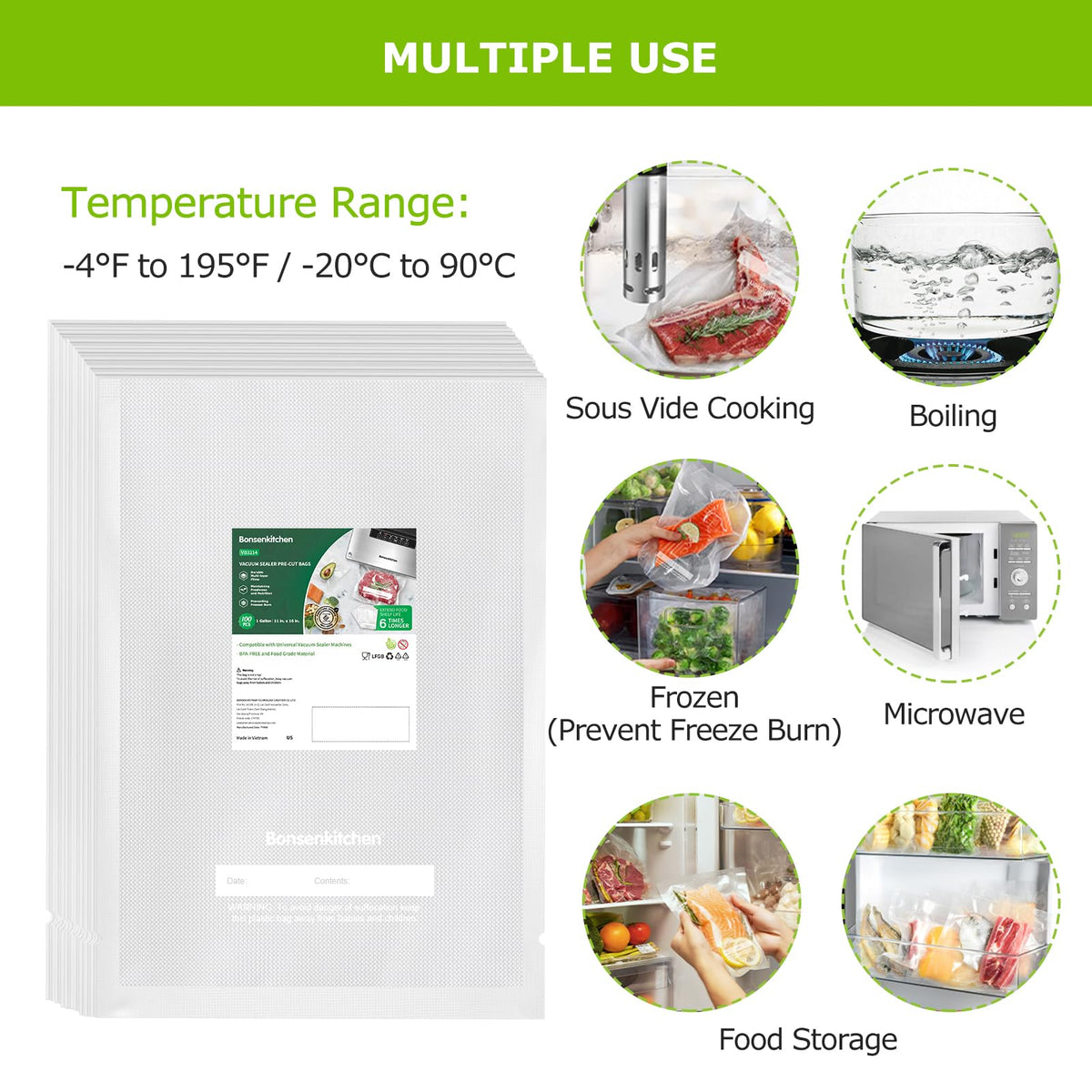 Bonsenkitchen universal design bags fit most sealers for easy use.