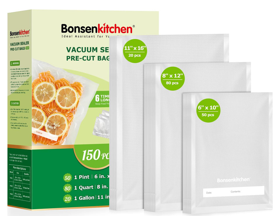 Bonsenkitchen vacuum bags in 11x16 inch size for 20Gallon storage, protecting leftovers.