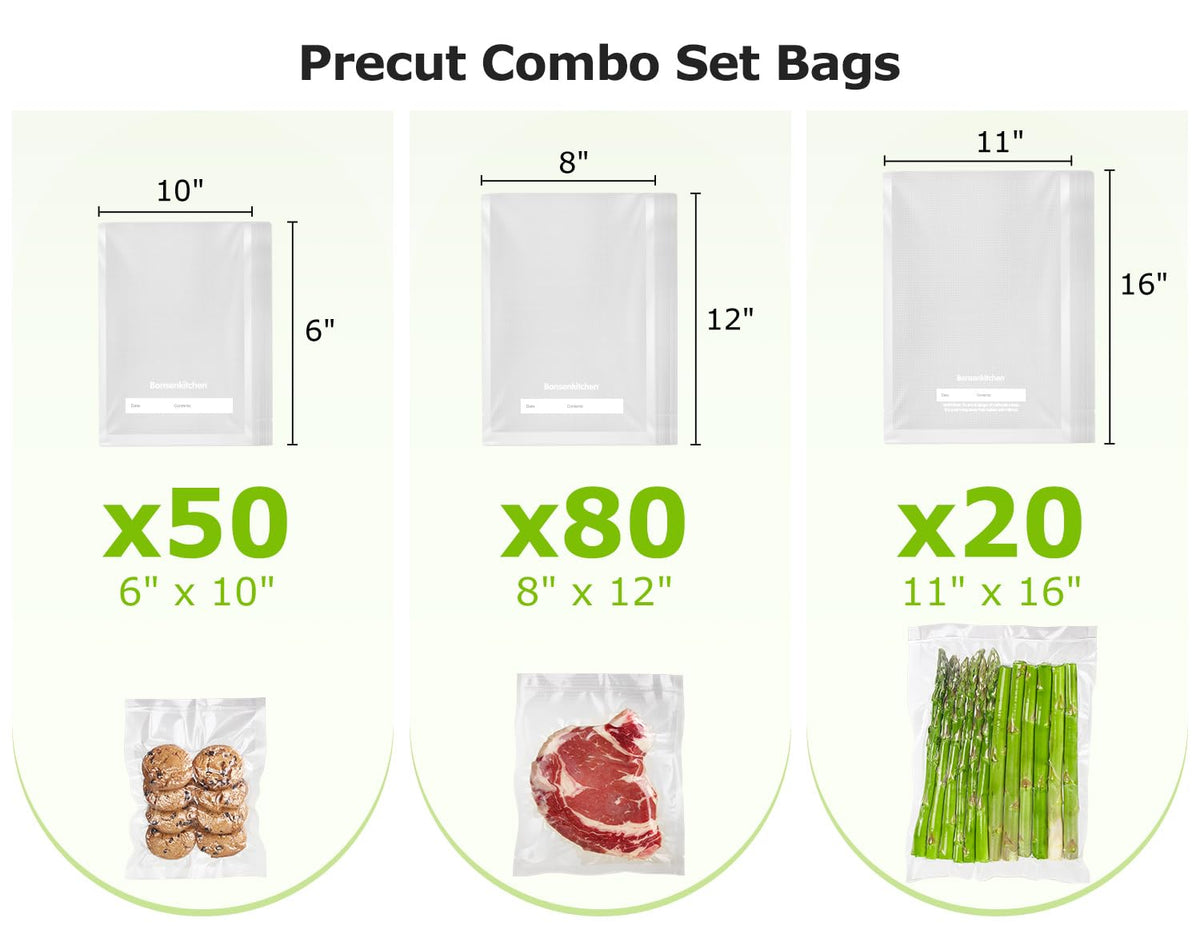 Bonsenkitchen vacuum bags in 8x12 inch 90Quart size seal bulk ingredients.