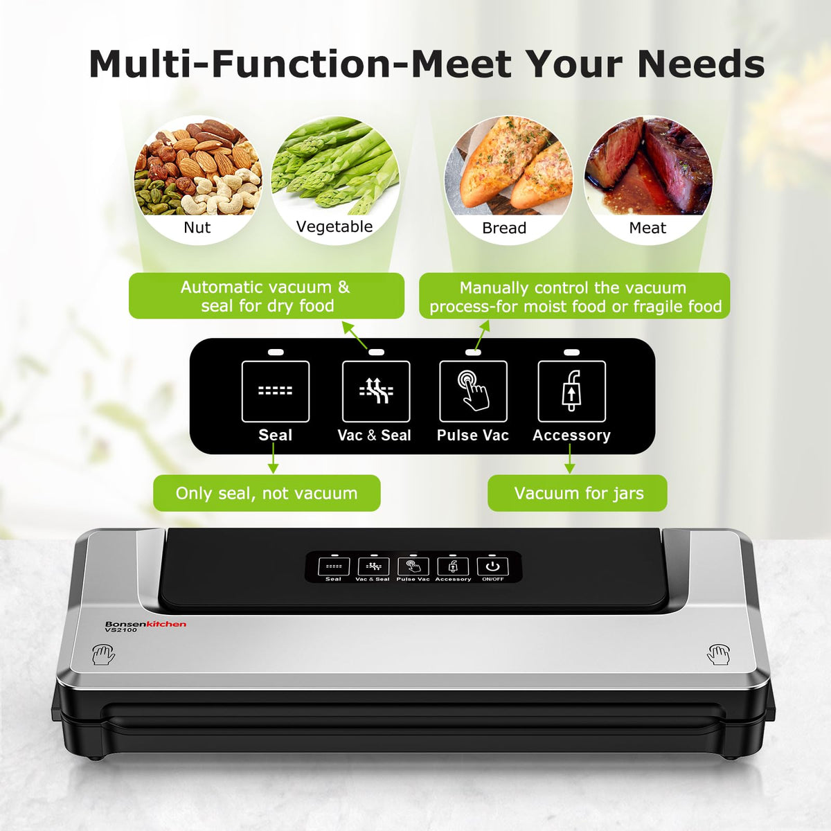 Bonsenkitchen vacuum sealer four-modes control panel enables versatile sealing options.