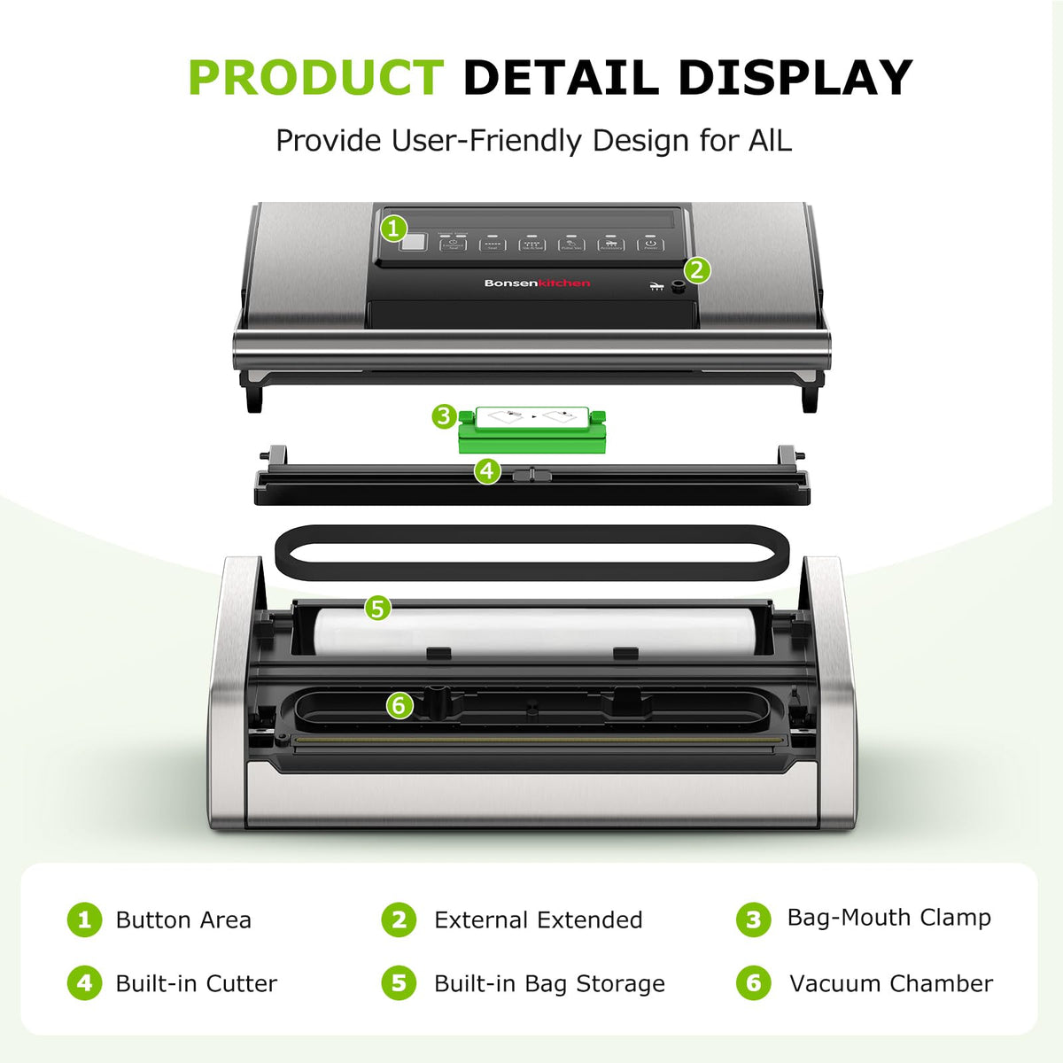 Bonsenkitchen vacuum sealer accessories included, including roll bags and pre-cut bags.