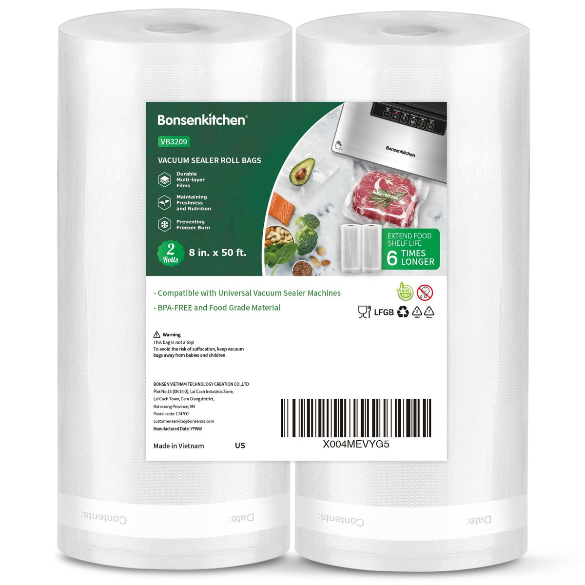 Bonsenkitchen VB3209 bag roll 8x50 for customizable portions and freshness