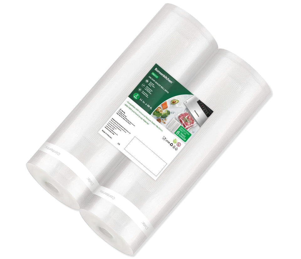 Bonsenkitchen vacuum sealer bags 11x50 ft roll, two-pack for versatile storage.