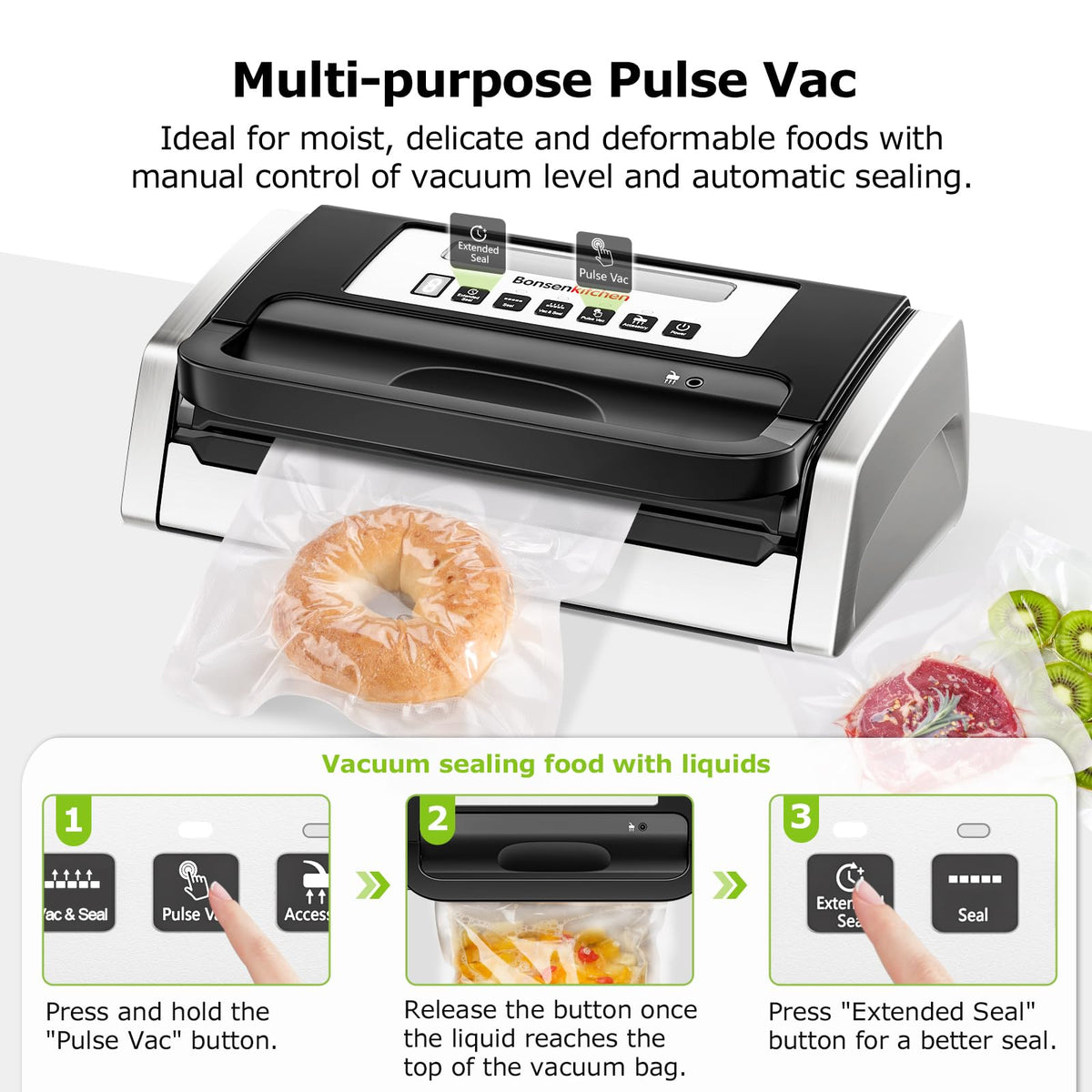 Built-in cutter and bag storage keep prep tidy during sealing