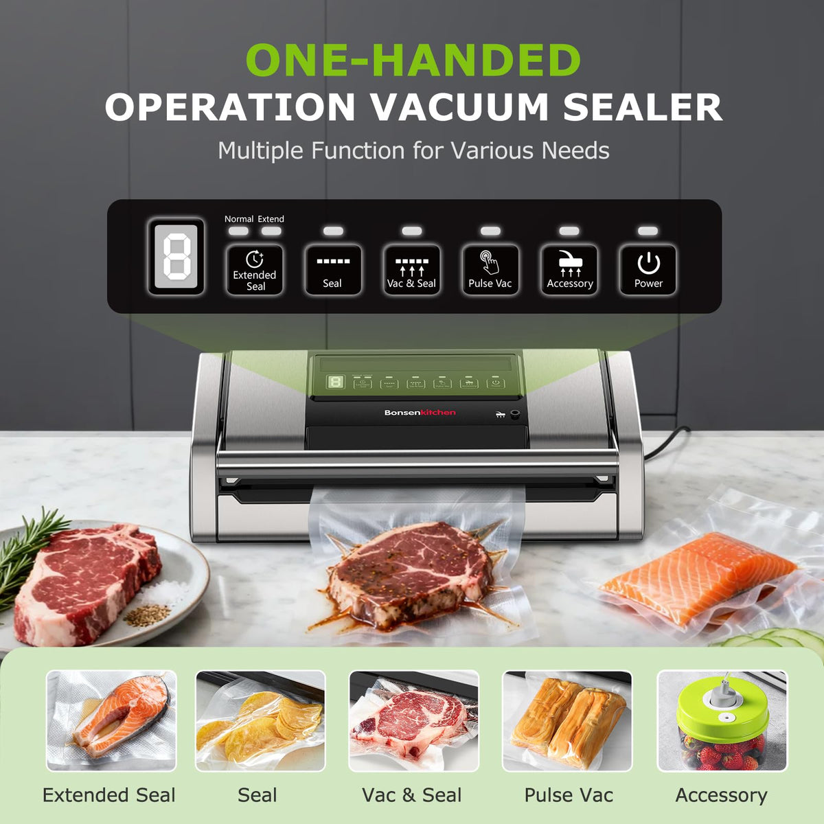 Bonsenkitchen vacuum sealer built-in cutter in action speeds bag prep during meals.