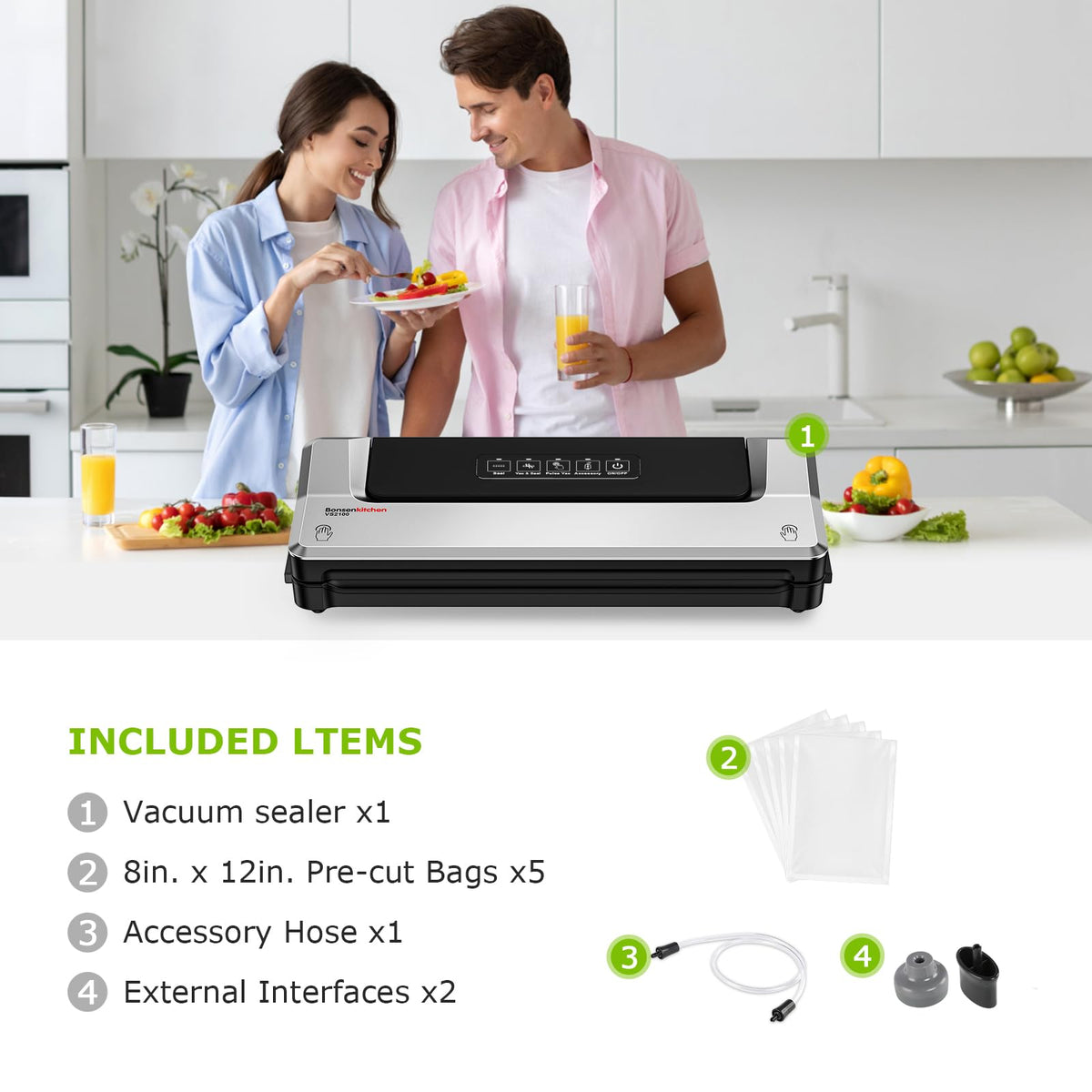 Bonsenkitchen vacuum sealer front ports with external system for convenient jar and bag use.