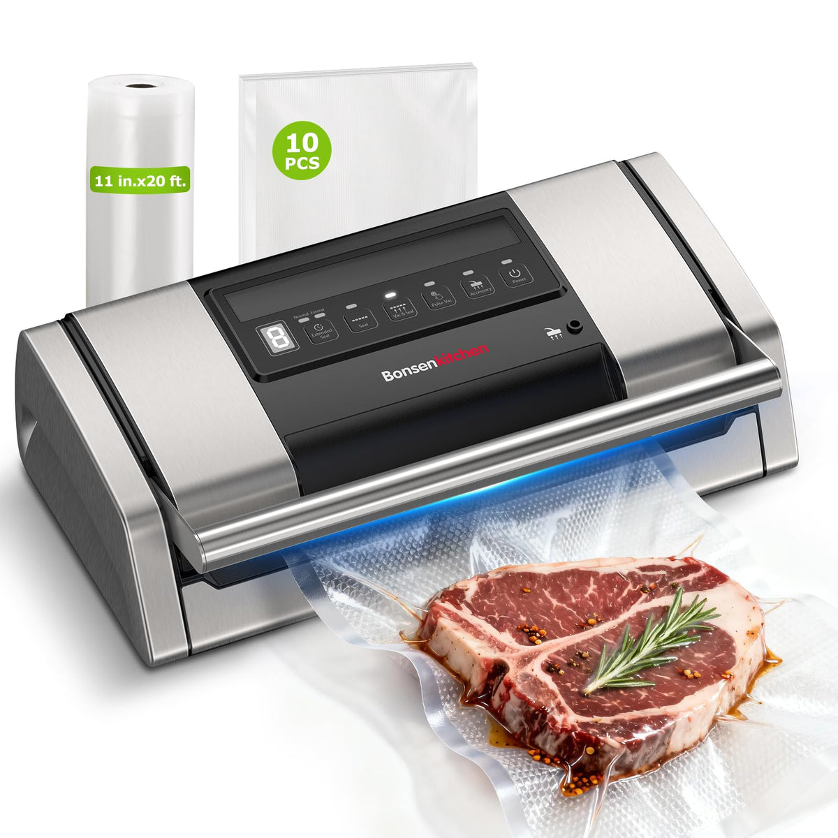 Bonsenkitchen vacuum sealer front view shows compact design for quick kitchen use.