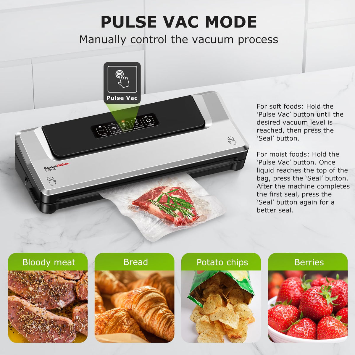 Bonsenkitchen vacuum sealer in-use with bags highlights fast, efficient preservation.