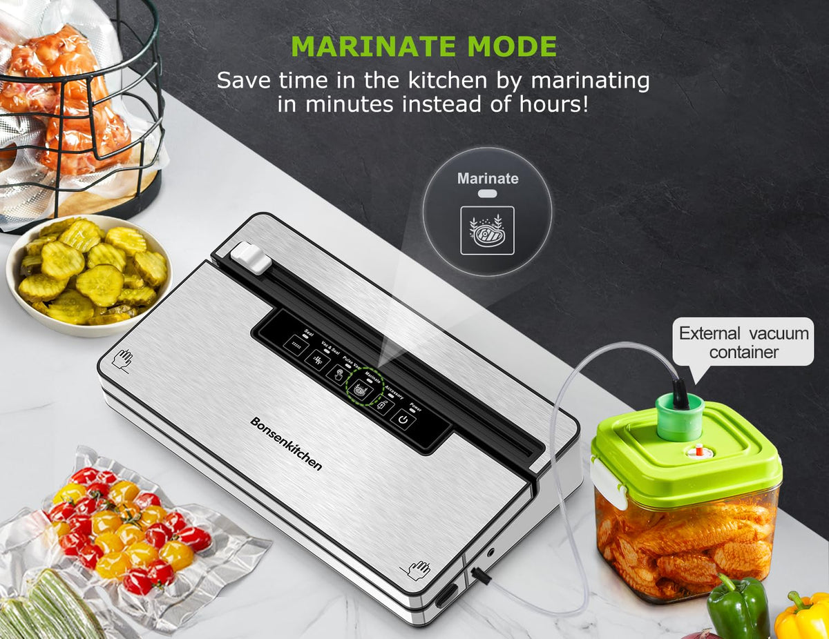 Bonsenkitchen marinate mode with external canister speeds flavor infusion.