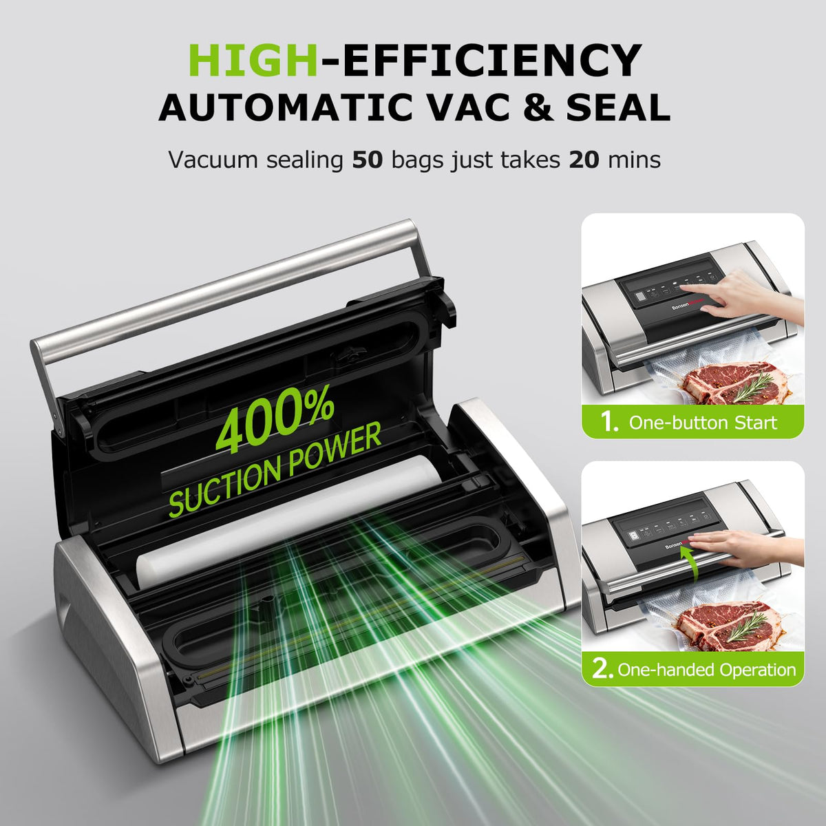 Bonsenkitchen vacuum sealer roll storage slot keeps rolls organized for fast setup.