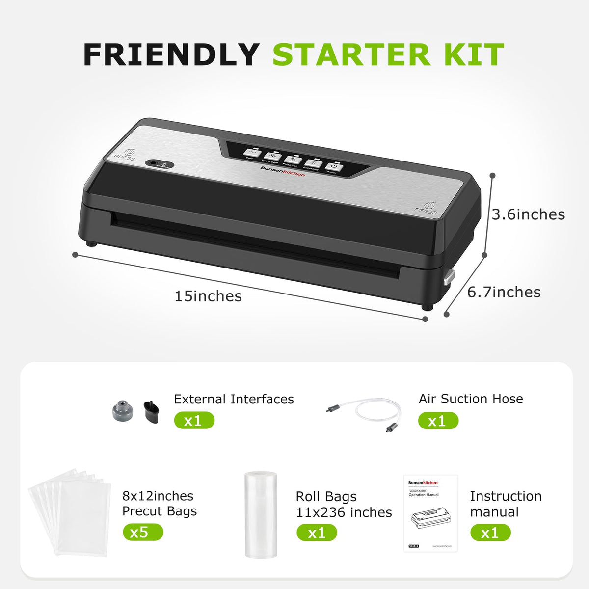 Bonsenkitchen vacuum sealer starter kit includes bags and roll for immediate use