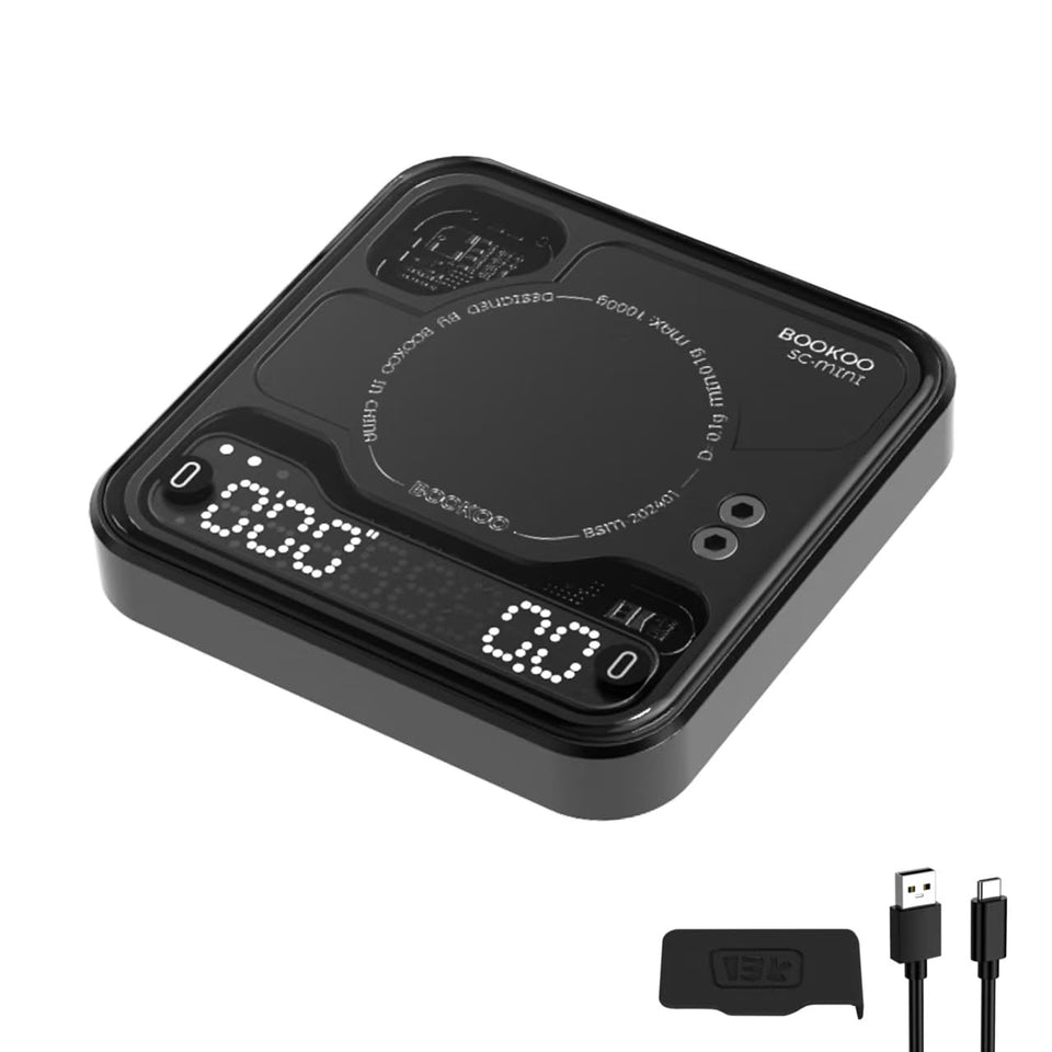 BOOKOO Coffee Scale flow-rate display shows real-time data for precise extraction.