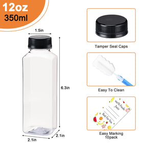 Boomiboo 12oz juice bottles with caps cap closeup highlights secure seal and spill prevention.