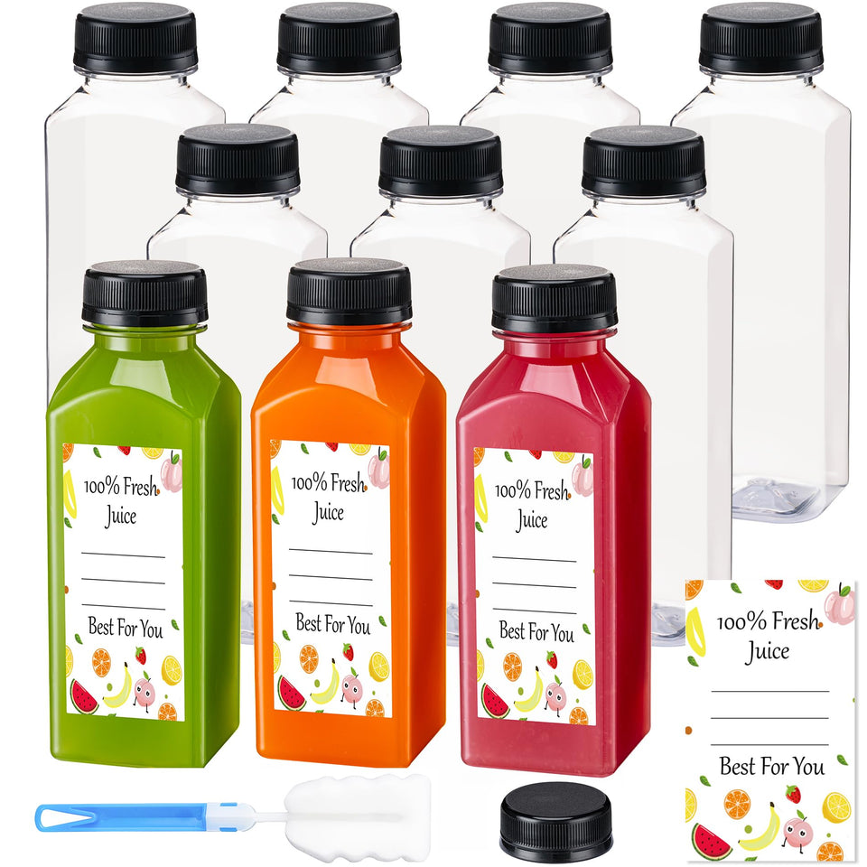 Boomiboo 12oz juice bottles with caps front view show reusable, fridge-ready containers.