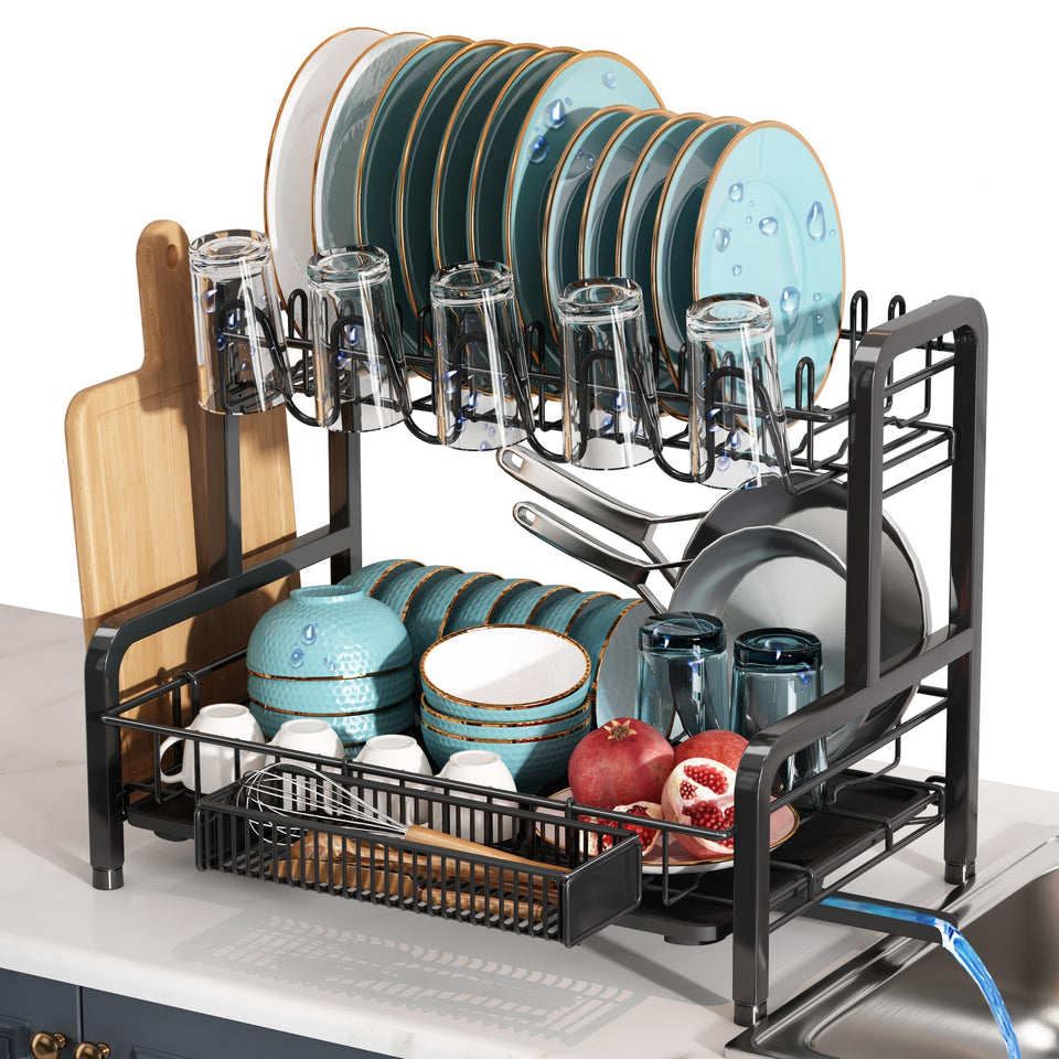 BOOSINY two-tier dish drainer on counter for organized drying