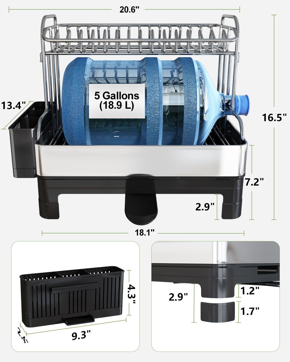 BOOSINY two-tier dish rack with drainboard side view prevents counter spills